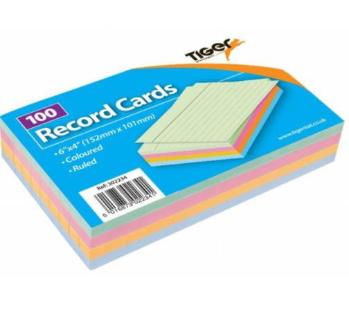 Tiger 6�x4� Coloured Record Cards, pack 100