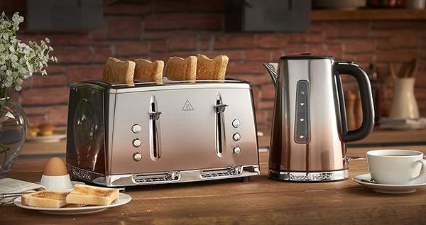 Russell Hobbs Eclipse Breakfast Bundle - Silver and Copper Kettle and 4 Slice Toaster