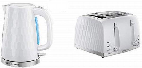 Russell Hobbs Honeycomb Breakfast Bundle White - Kettle and 4 Slice