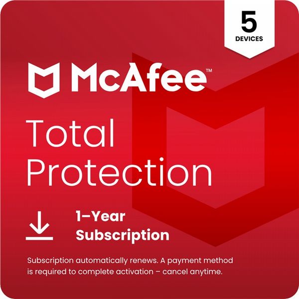 McAfee Total Protection  5 Device,  1 Year - Automatic Renewal - Digital Download